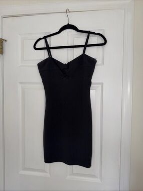 Lulu's Black Spaghetti-Strap Mini Bodycon Dress #lined #zipper #stretch #cutout